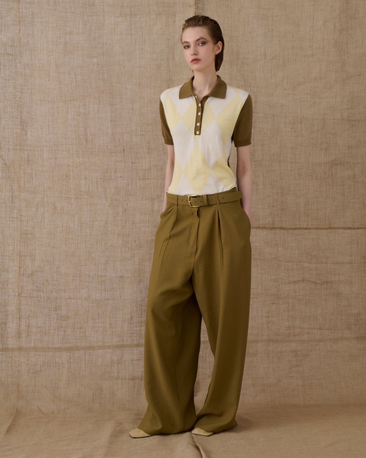 Picture of Olive Polo Knitted T-Shirt with Rhombus Pattern