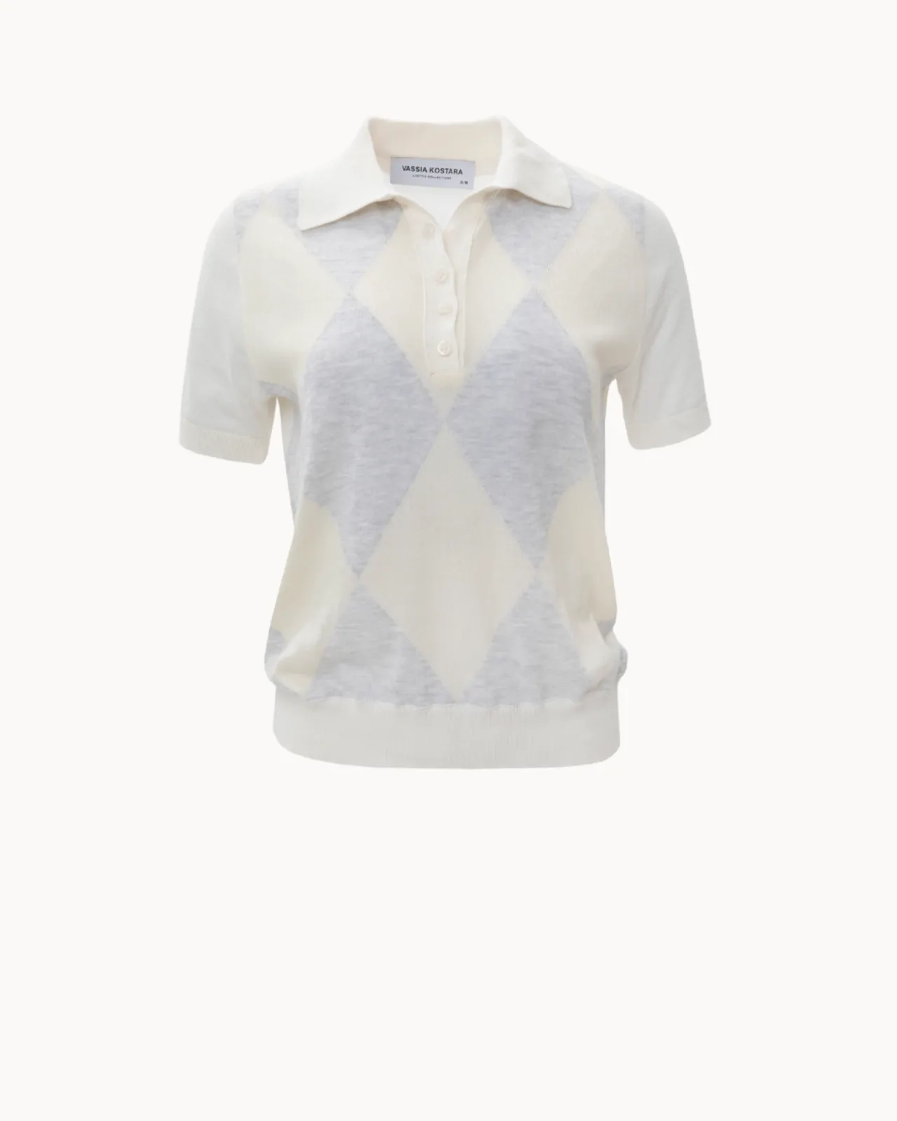 Picture of Ecru Polo Knitted T-Shirt with Rhombus Pattern