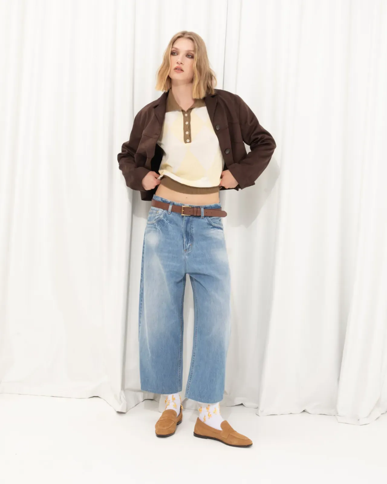 Picture of Olive Polo Knitted T-Shirt with Rhombus Pattern