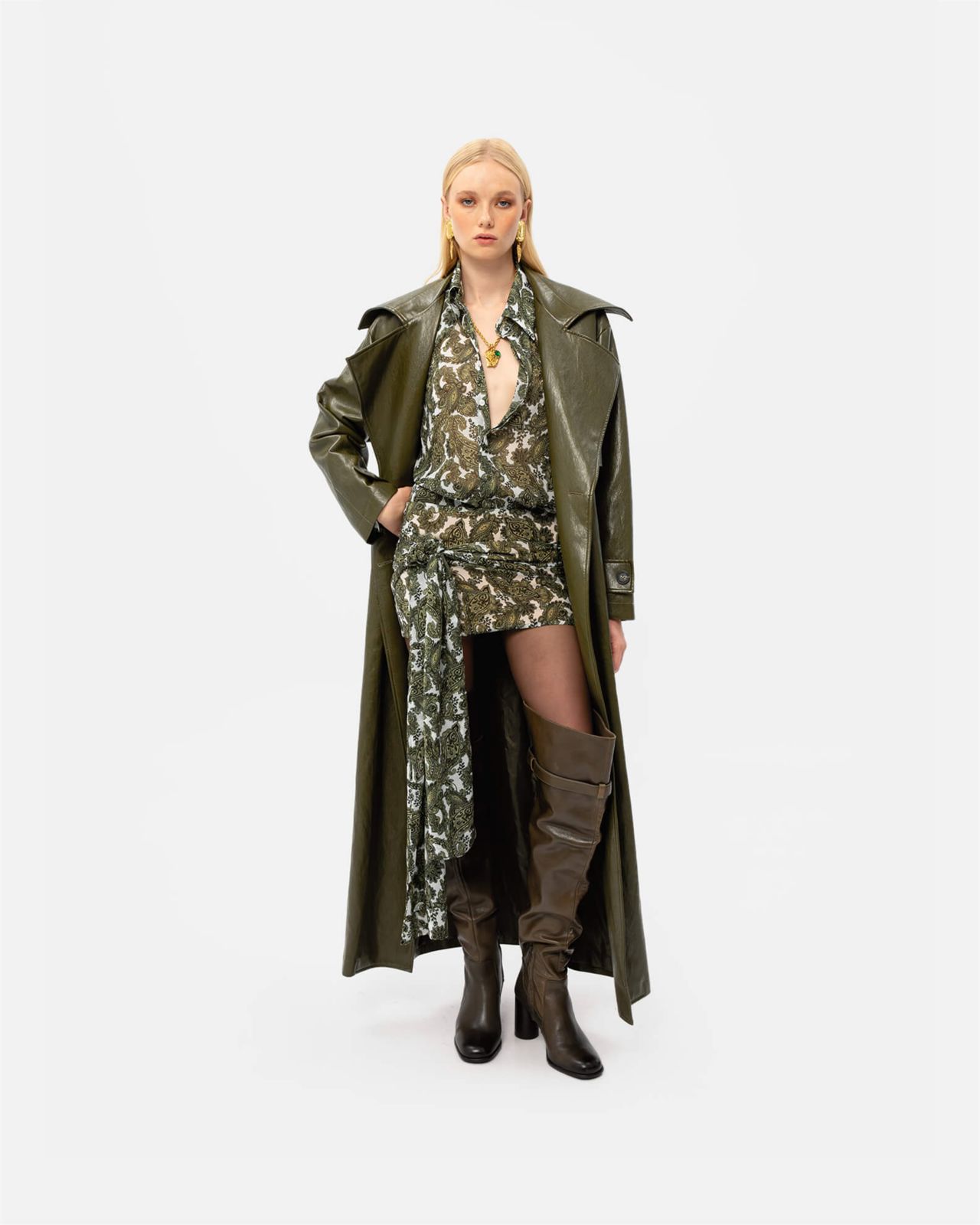 Picture of KHAKI FAUX LEATHER TRENCH COAT