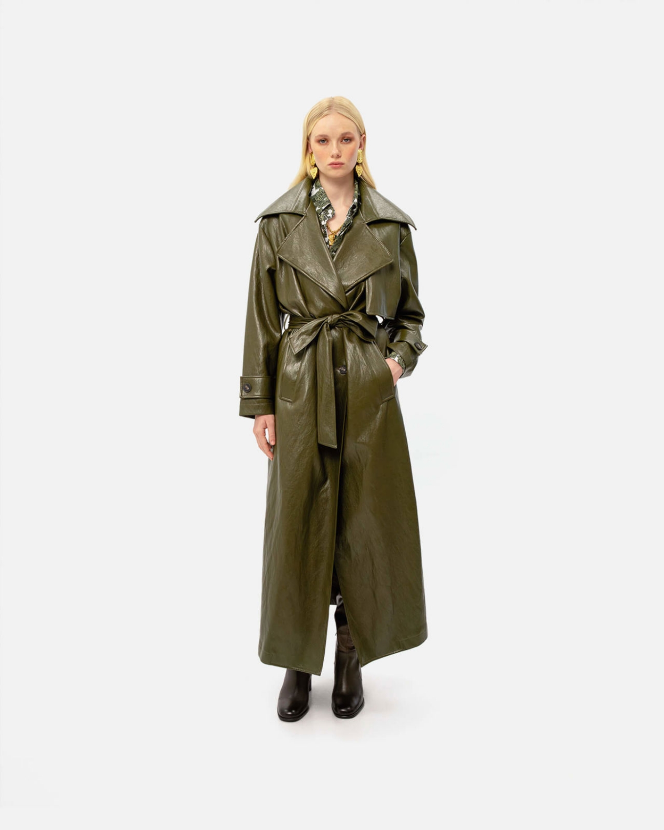 Picture of KHAKI FAUX LEATHER TRENCH COAT