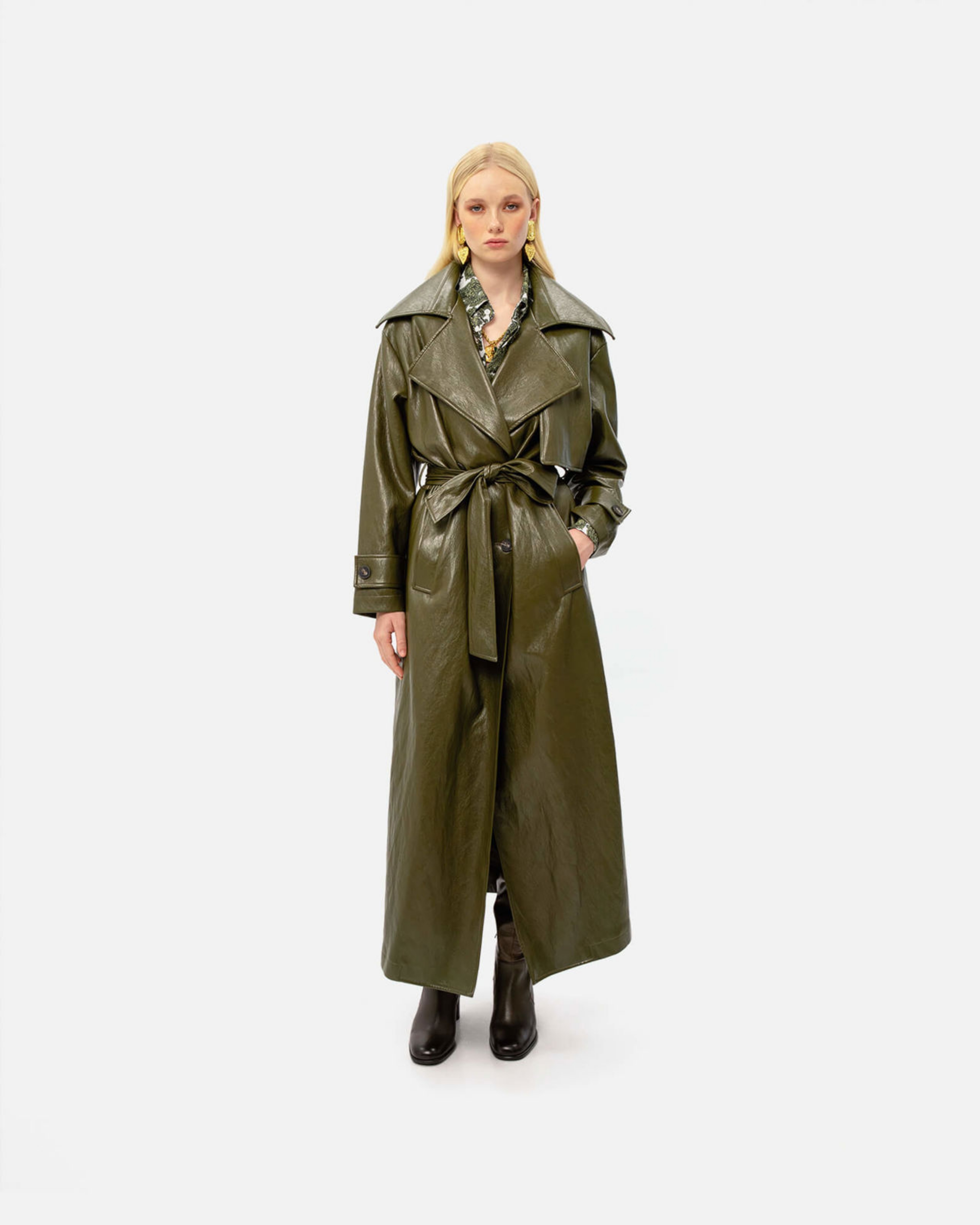 Picture of KHAKI FAUX LEATHER TRENCH COAT