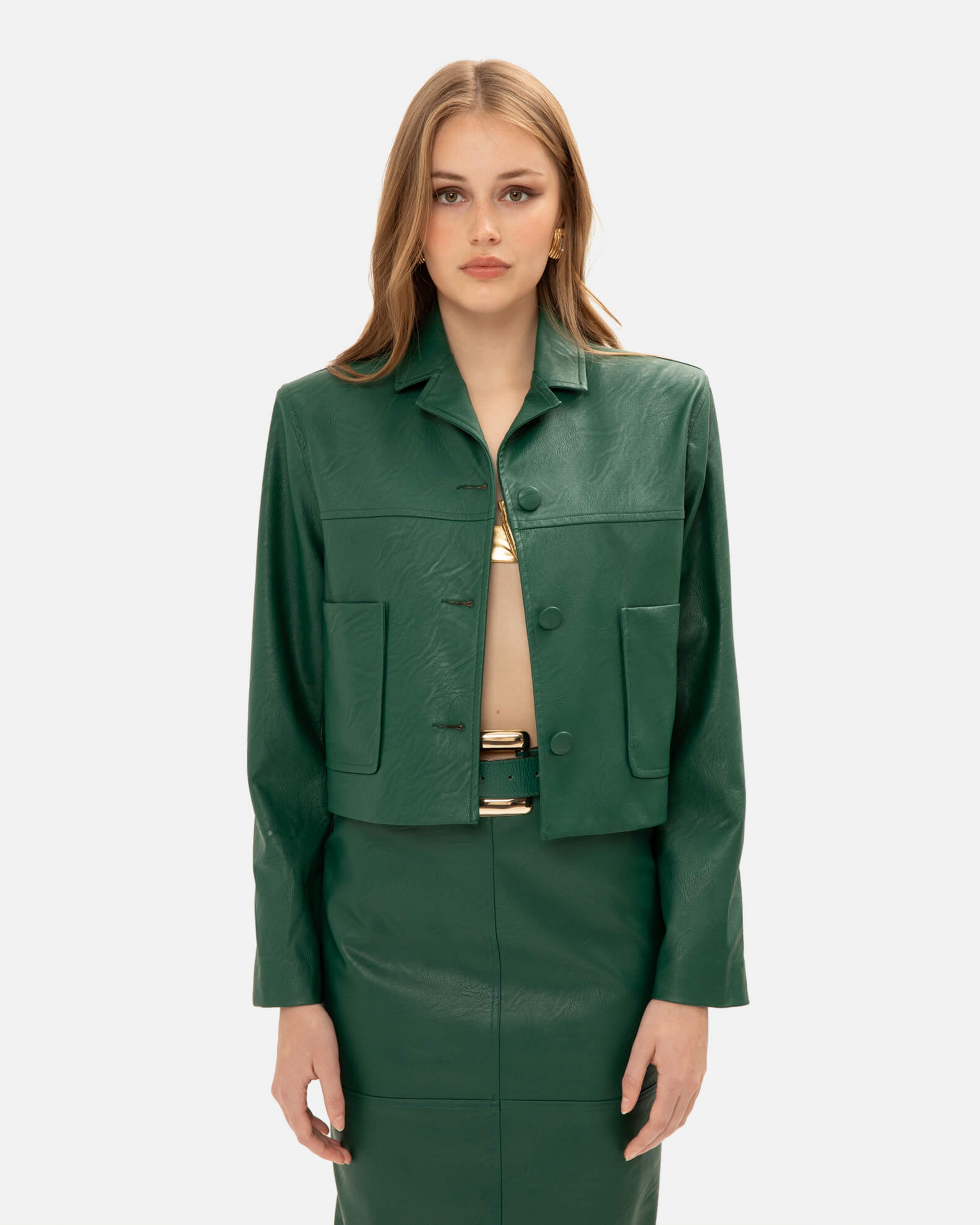Picture of ALPINE GREEN FAUX LEATHER CROP JACKET