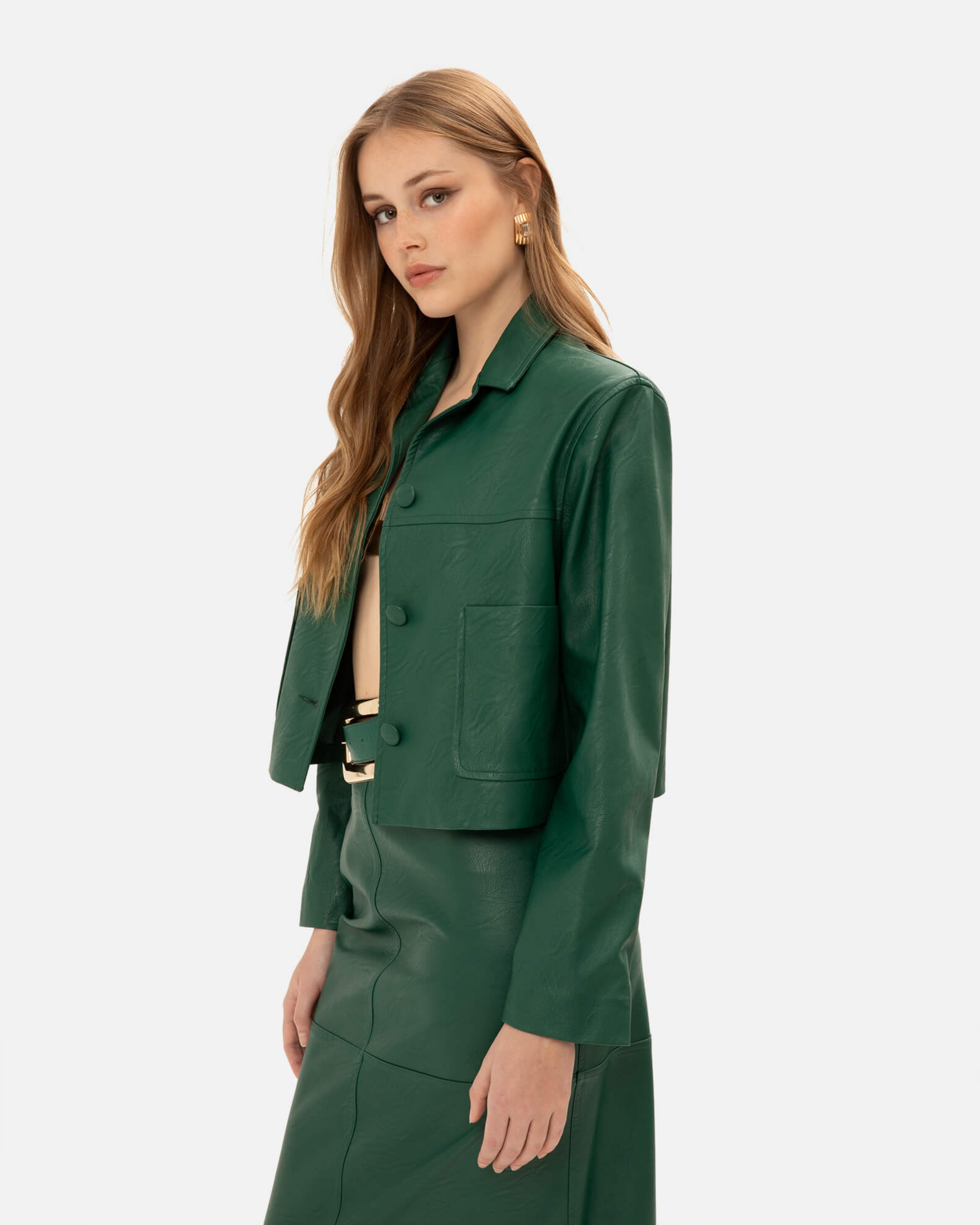 Picture of ALPINE GREEN FAUX LEATHER CROP JACKET
