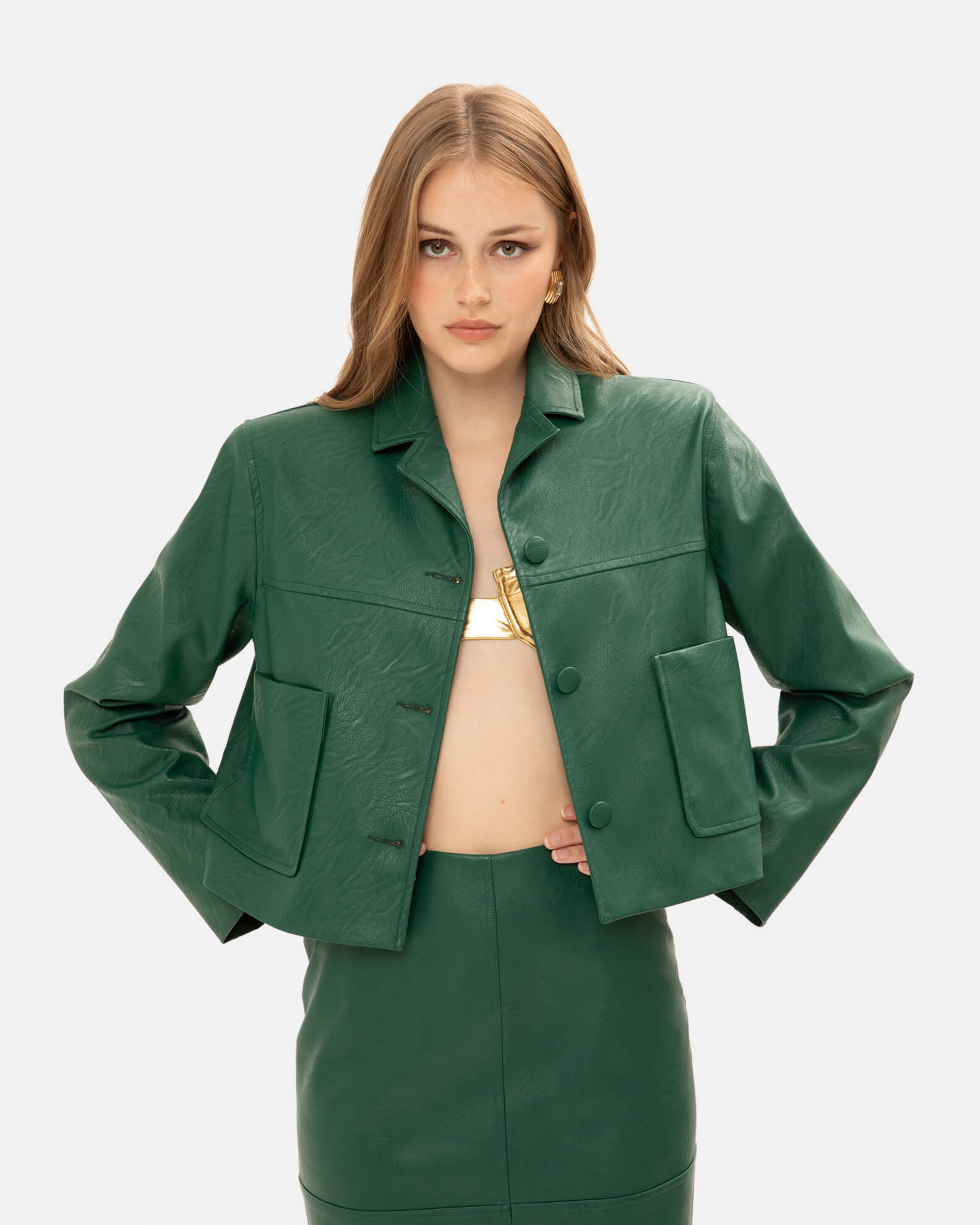 Picture of ALPINE GREEN FAUX LEATHER CROP JACKET