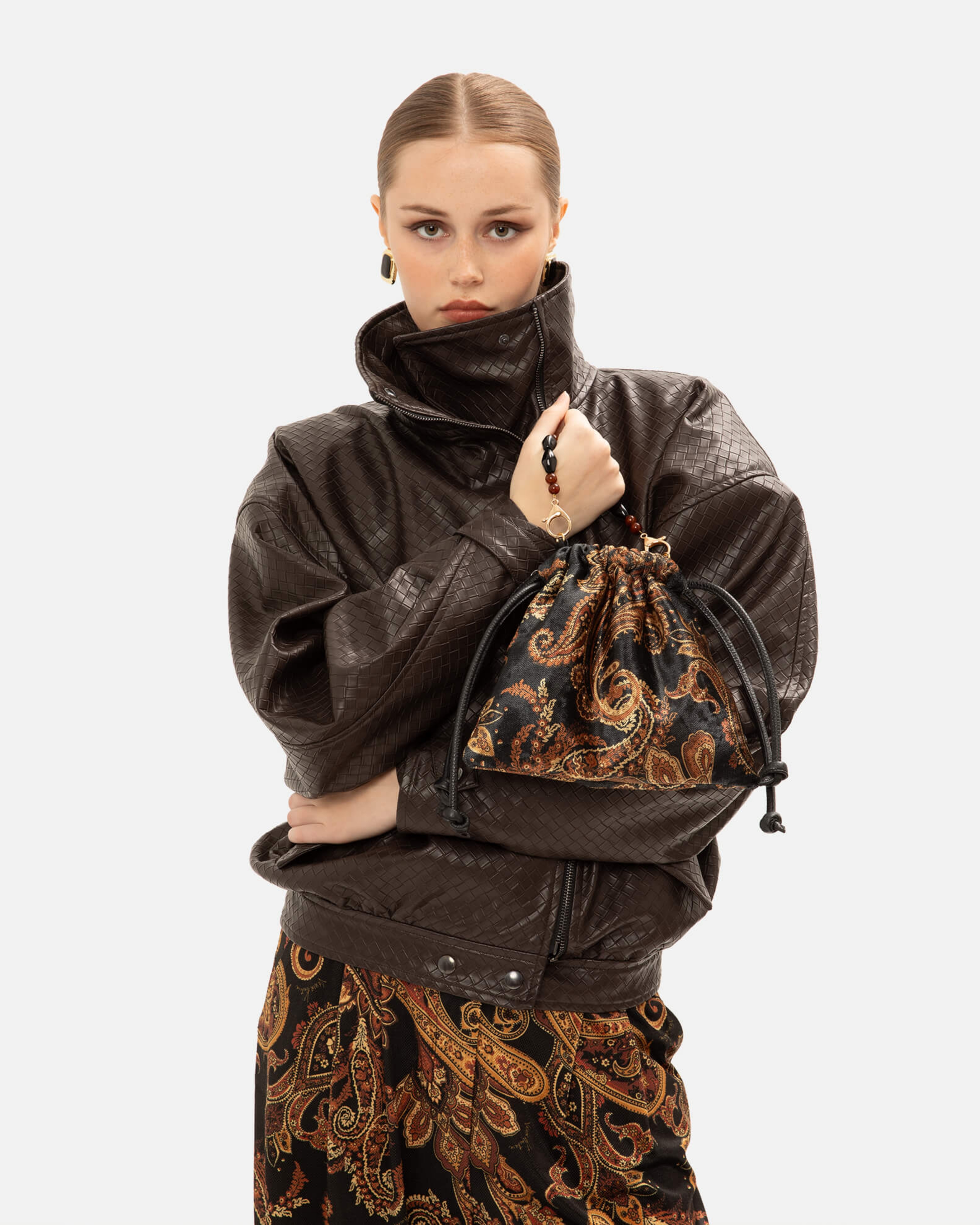 Picture of BROWN PANAMA WEAVE FAUX LEATHER JACKET