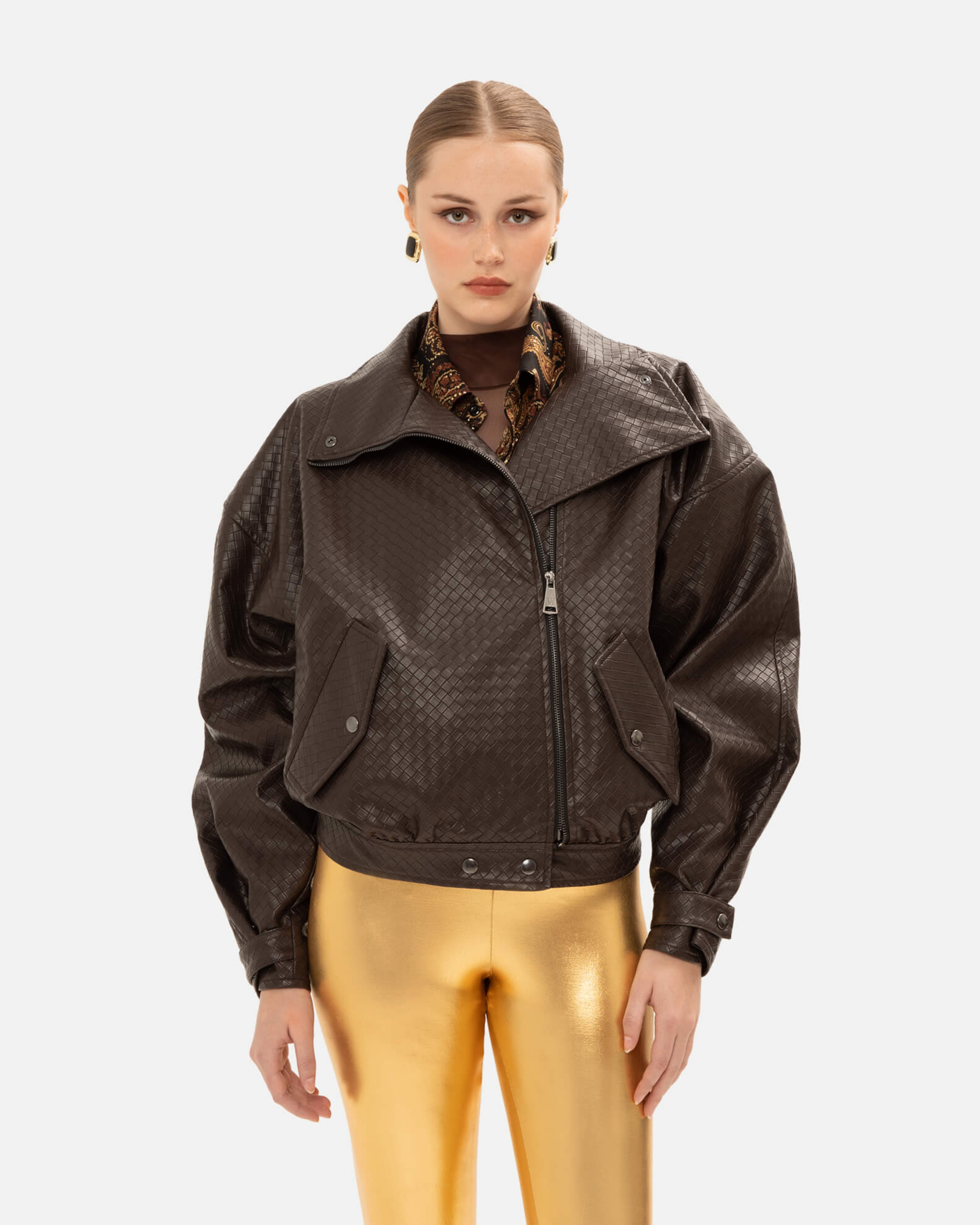 Picture of BROWN PANAMA WEAVE FAUX LEATHER JACKET