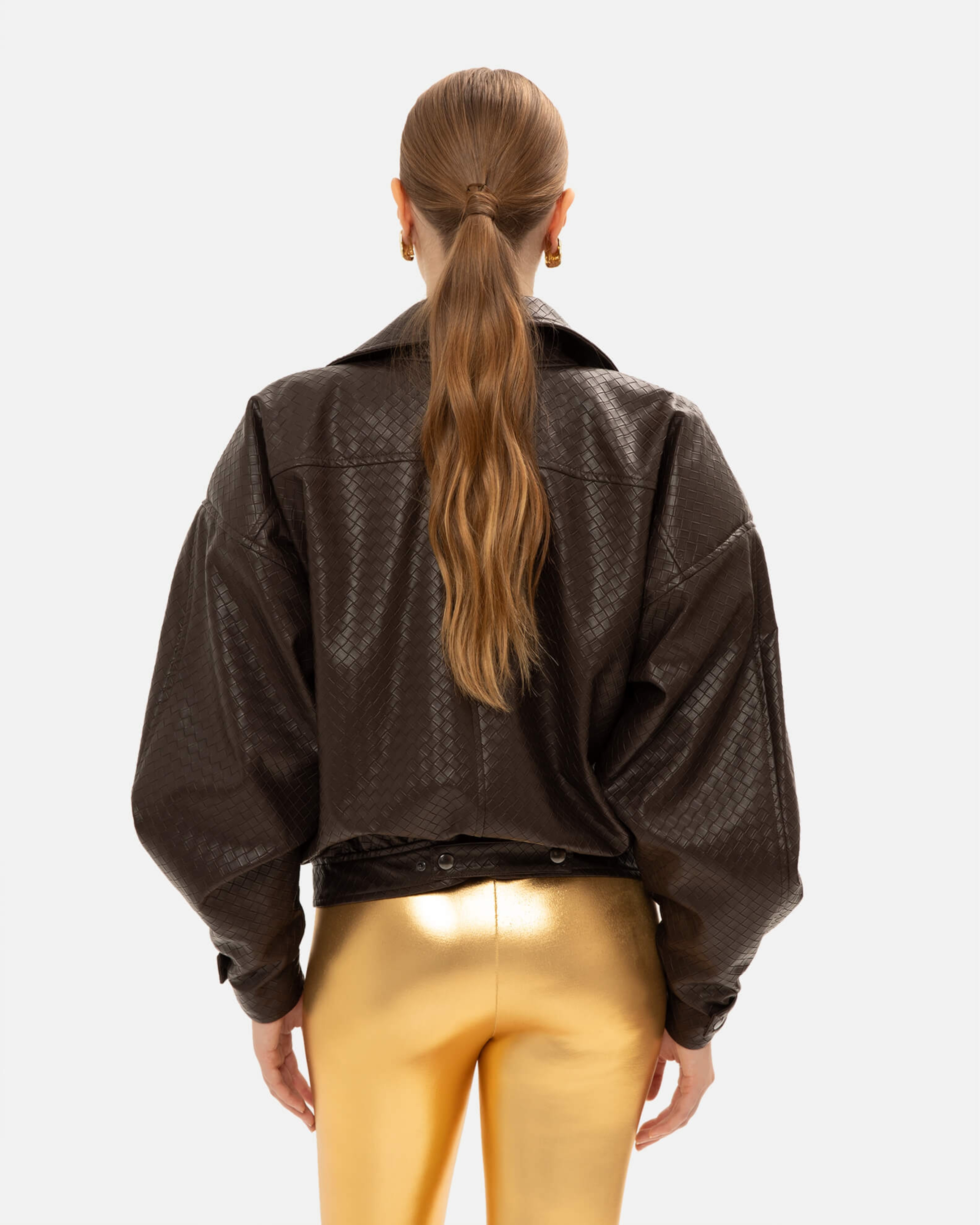 Picture of BROWN PANAMA WEAVE FAUX LEATHER JACKET