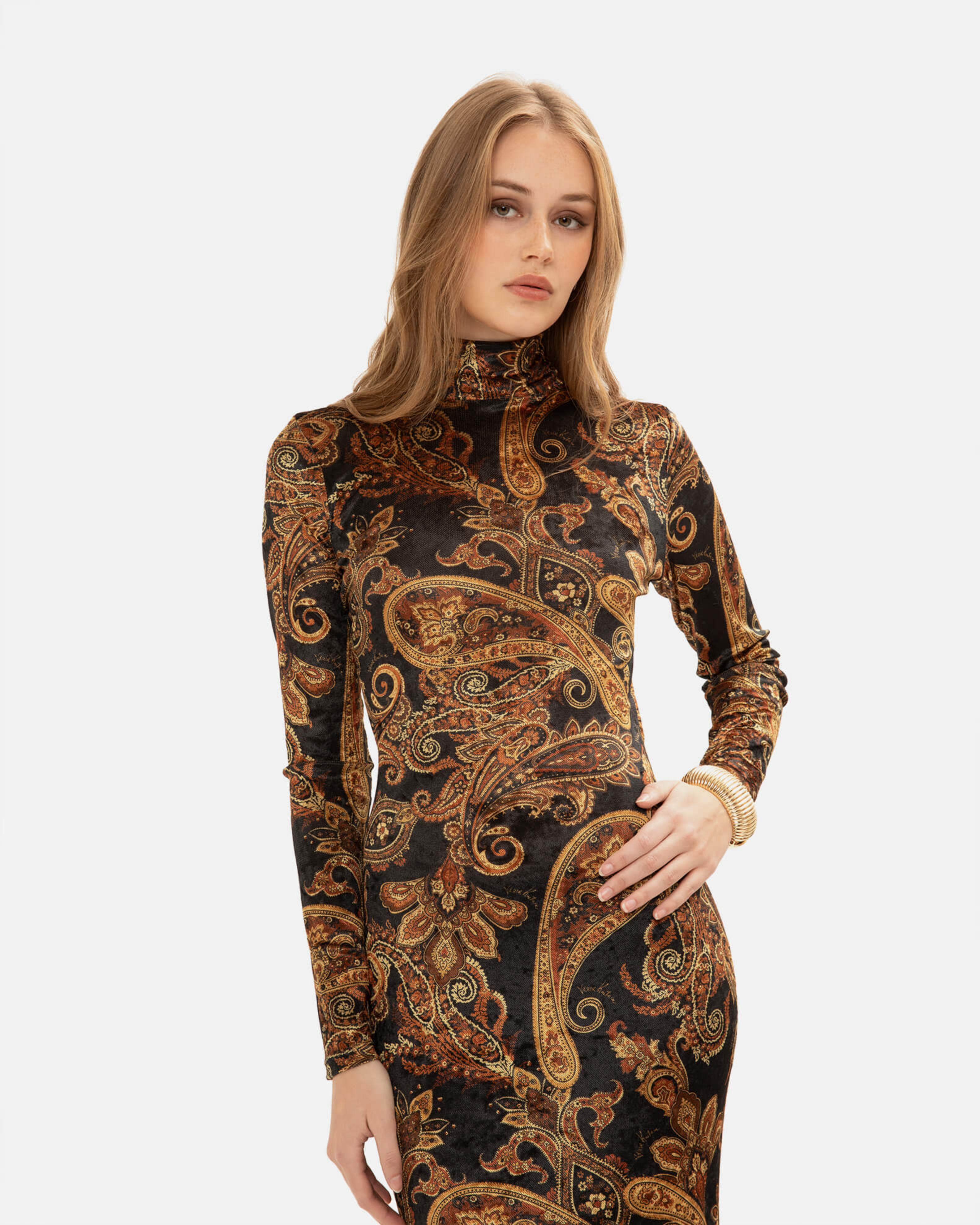 Picture of GOLDEN-BROWN PAISLEY HIGH-NECK DRESS