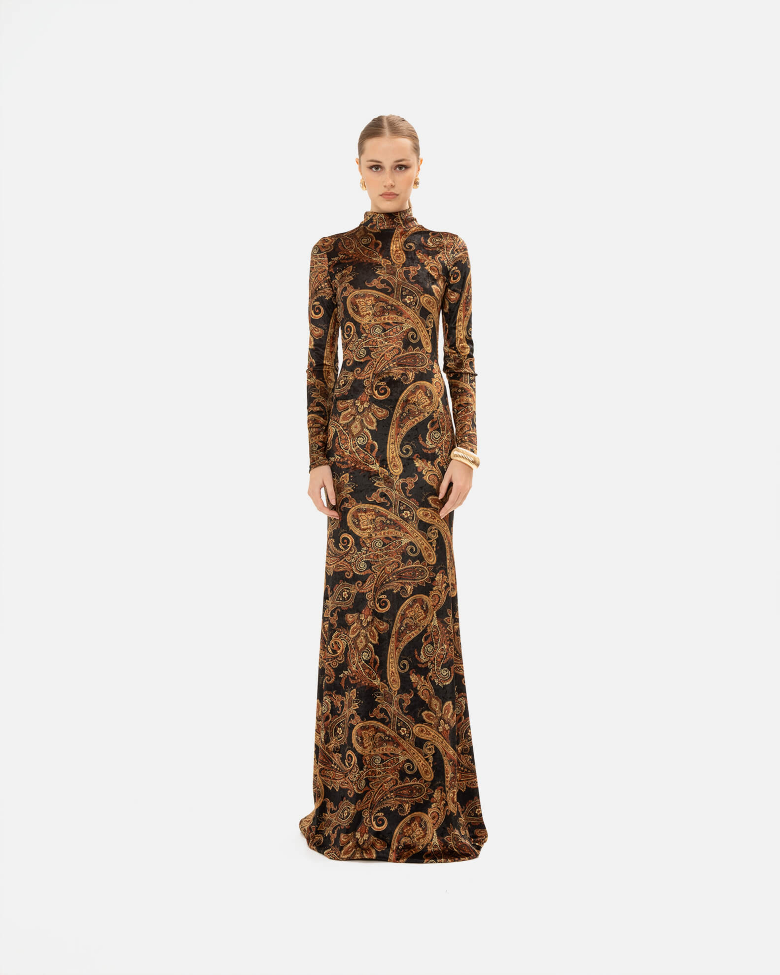 Picture of GOLDEN-BROWN PAISLEY HIGH-NECK DRESS