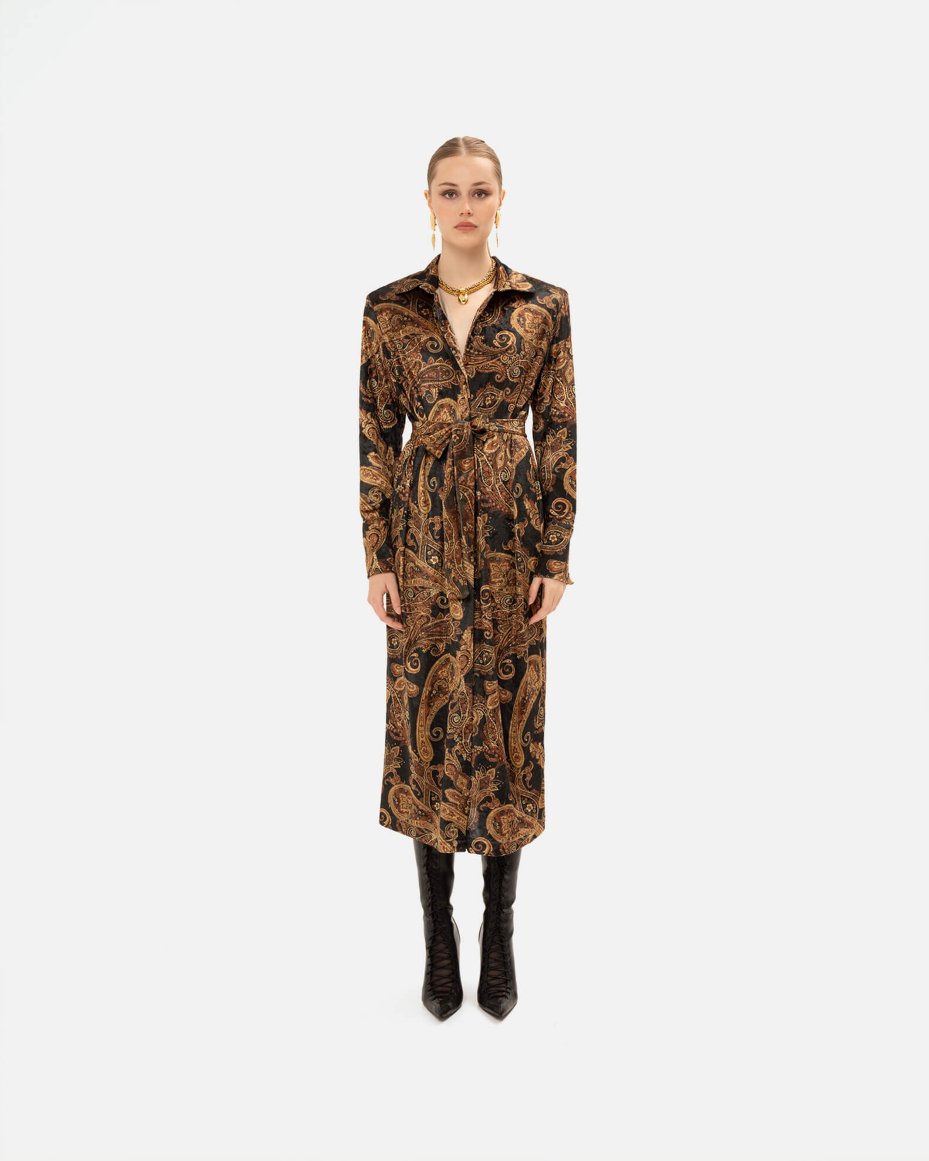 Picture of VELVET GOLDEN-BROWN PAISLEY DRESS