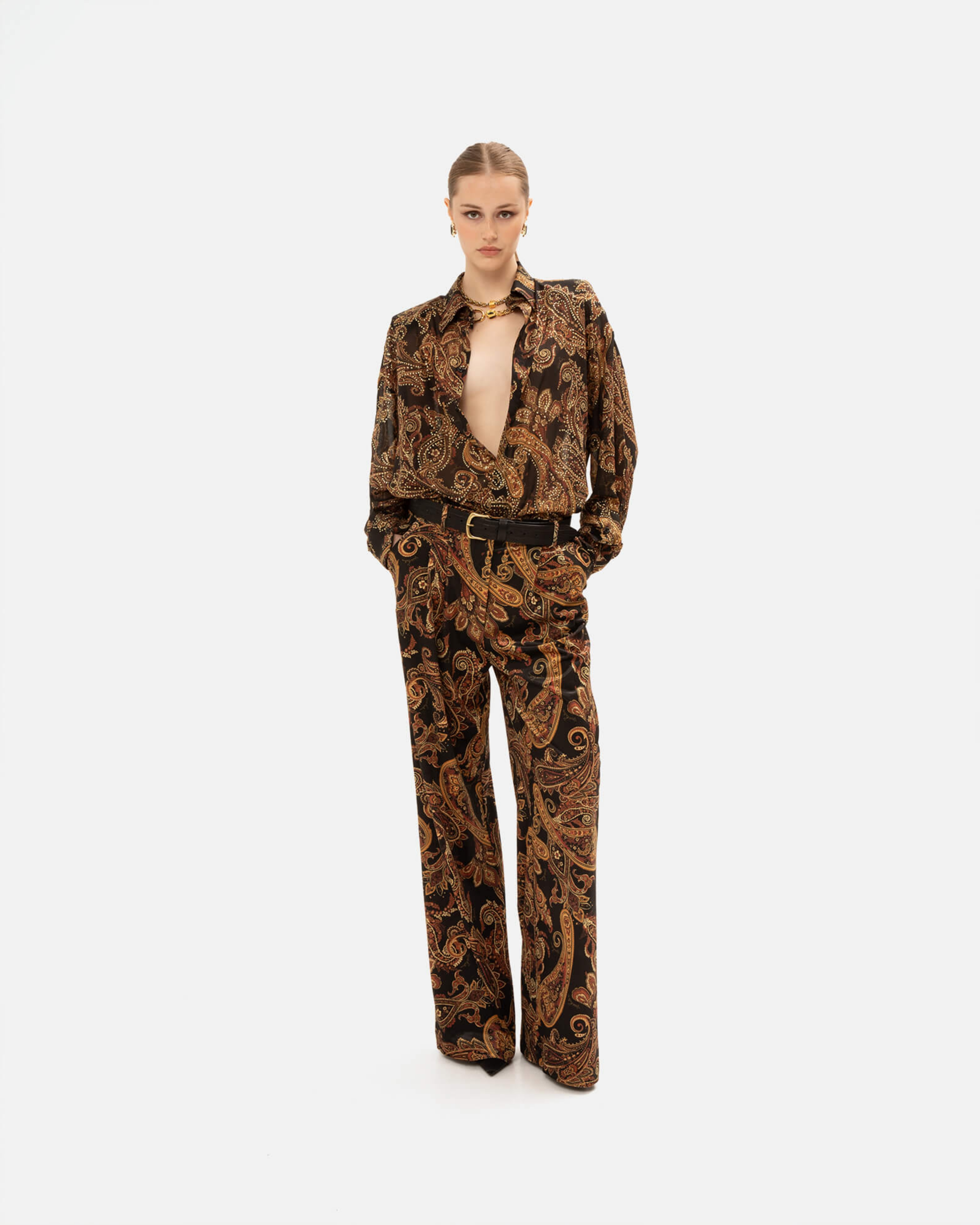 Picture of GOLDEN-BROWN PAISLEY STRAIGHT-LEG PANTS