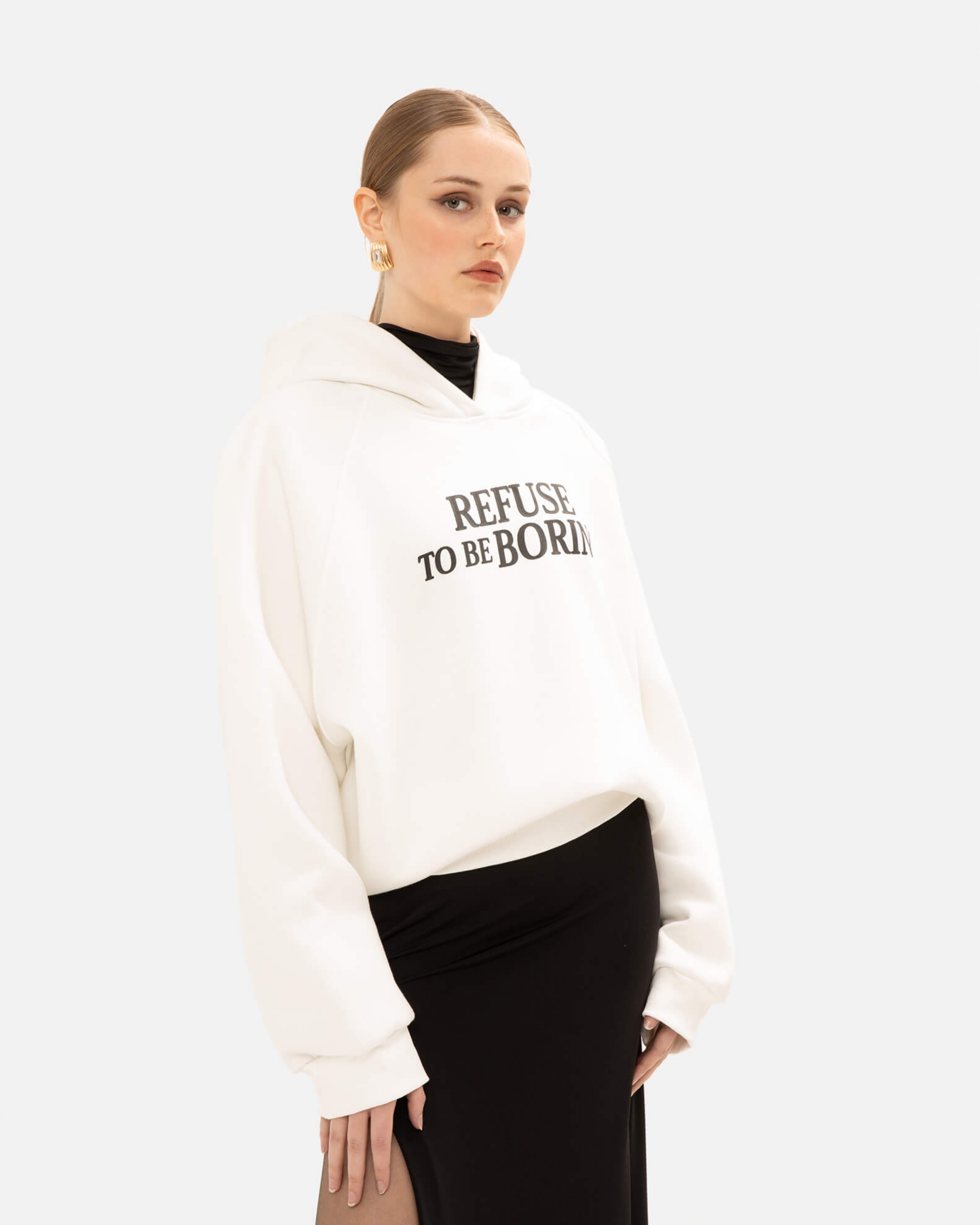 Picture of WHITE HOODIE "REFUSE TO BE BORING"